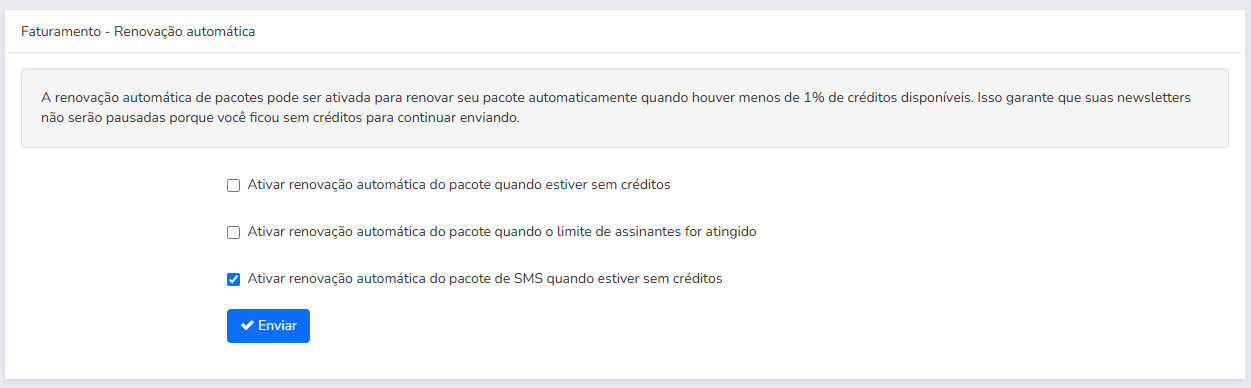 Menu de configurações de Renovação Automática
