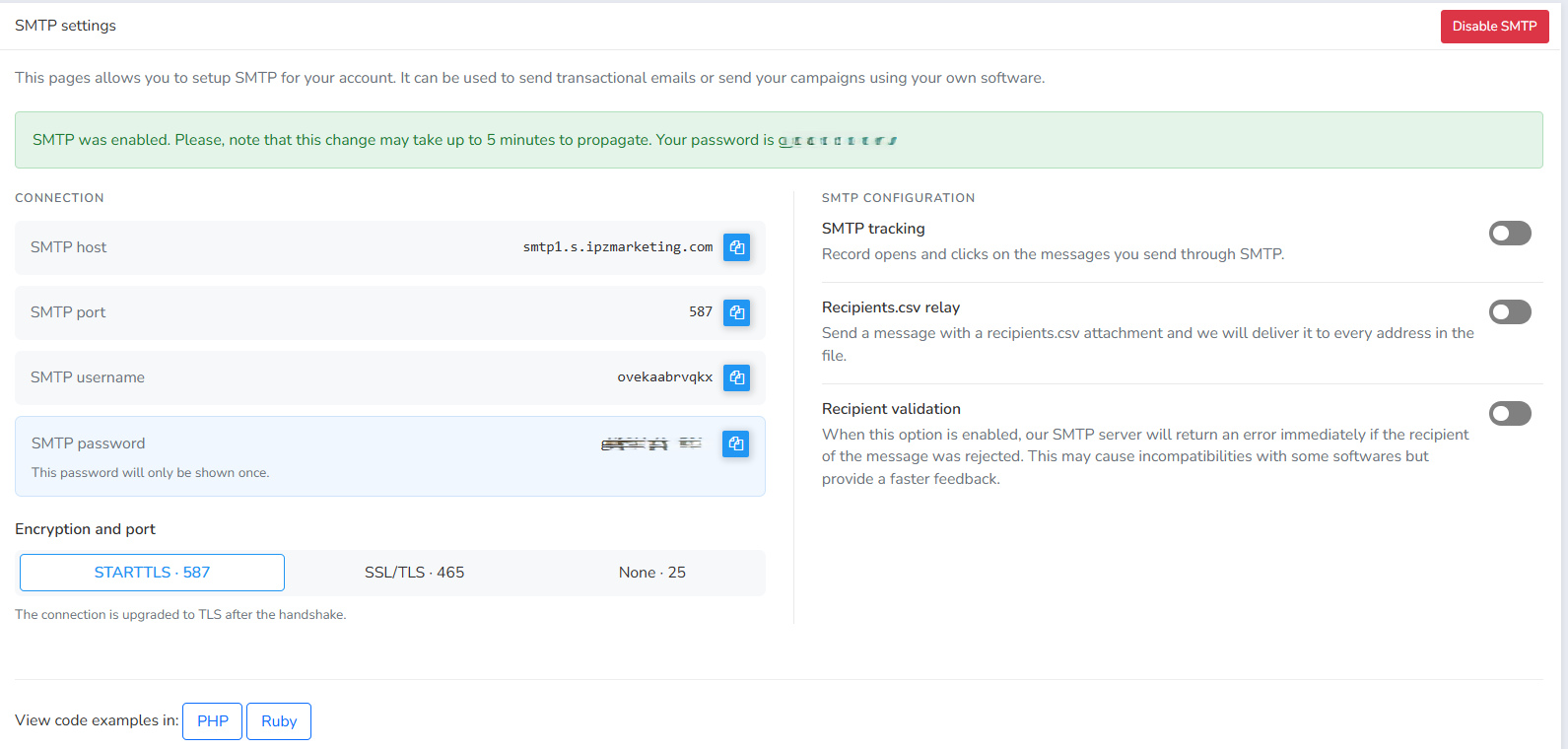 SMTP enabled with connection credentials