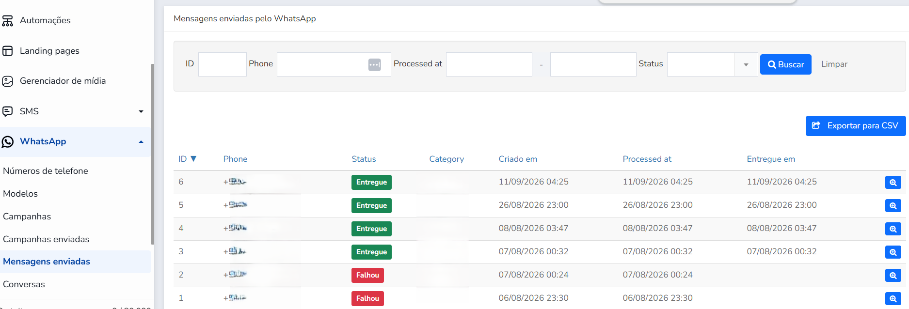 Tela de Mensagens enviadas do WhatsApp com uma tabela que mostra ID da mensagem, número de telefone, status, categoria e datas de criação, processamento e entrega