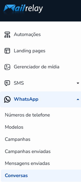 Menu do WhatsApp com a opção Conversas