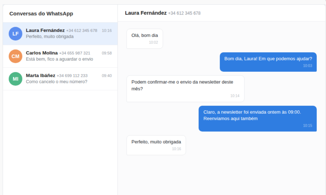 Exemplo da lista de conversas do WhatsApp e da visualização de detalhes (simulação com dados fictícios)