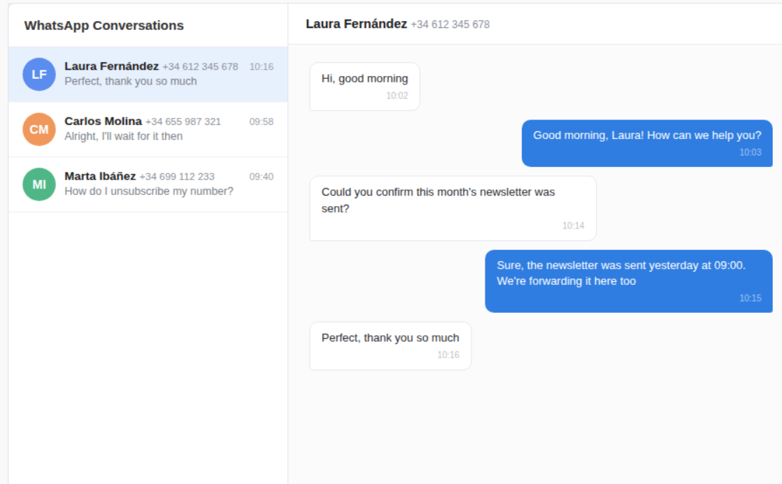 Example of the WhatsApp conversation list and detail view (mockup with fictitious data)