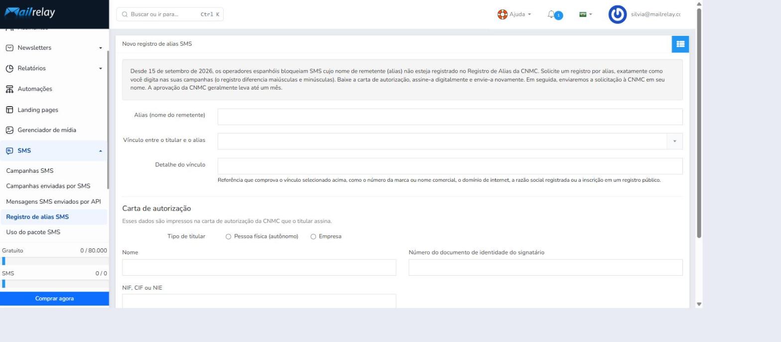 Formulário vazio de novo registro de alias de SMS no Mailrelay, com os campos de alias, vínculo e carta de autorização