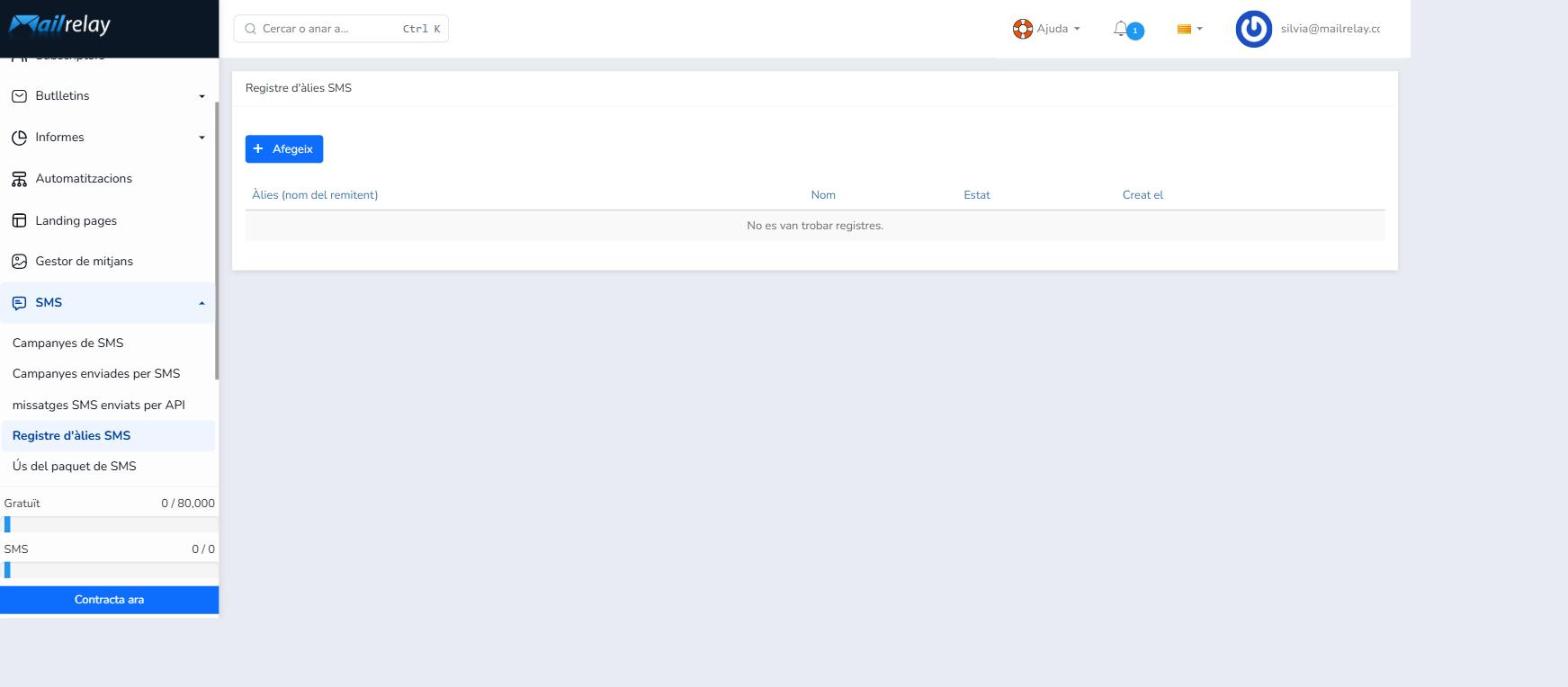 Afegeix registre d'àlies SMS