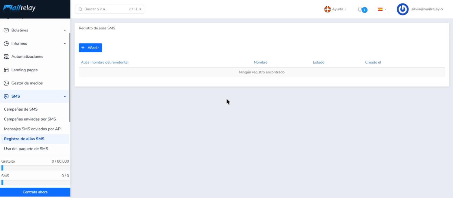 Añadir registro de alias SMS
