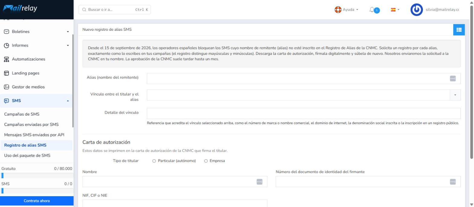 Formulario vacío de nuevo registro de alias SMS en Mailrelay con los campos de alias, vínculo y carta de autorización