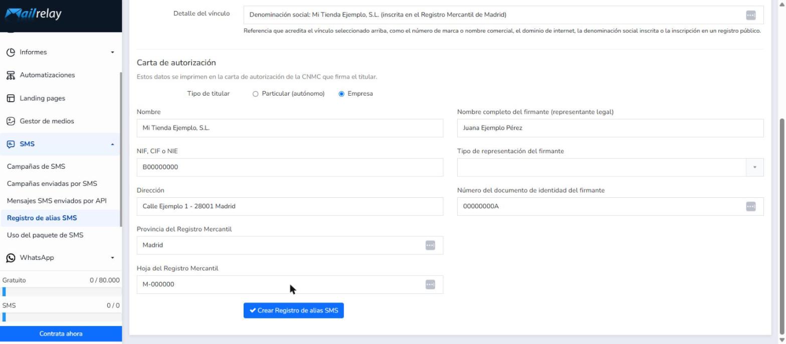 Formulario con los campos de la carta de autorización del titular y del firmante rellenados con datos de ejemplo
