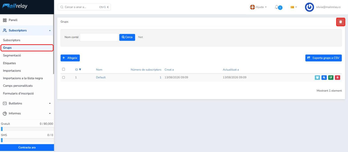 Pantalla Subscriptors > Grups