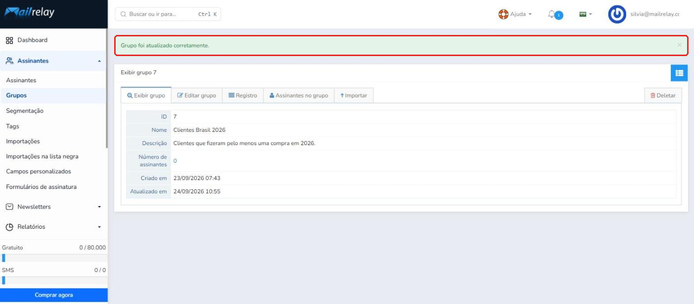 Mensagem de confirmação de grupo atualizado