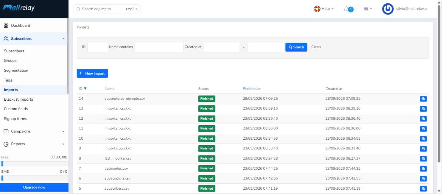 Subscribers > Imports: search bar, “New import” button and import history.