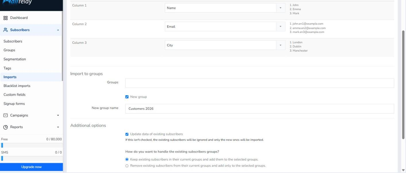 New group created during the import, with “Update data of existing subscribers” ticked.