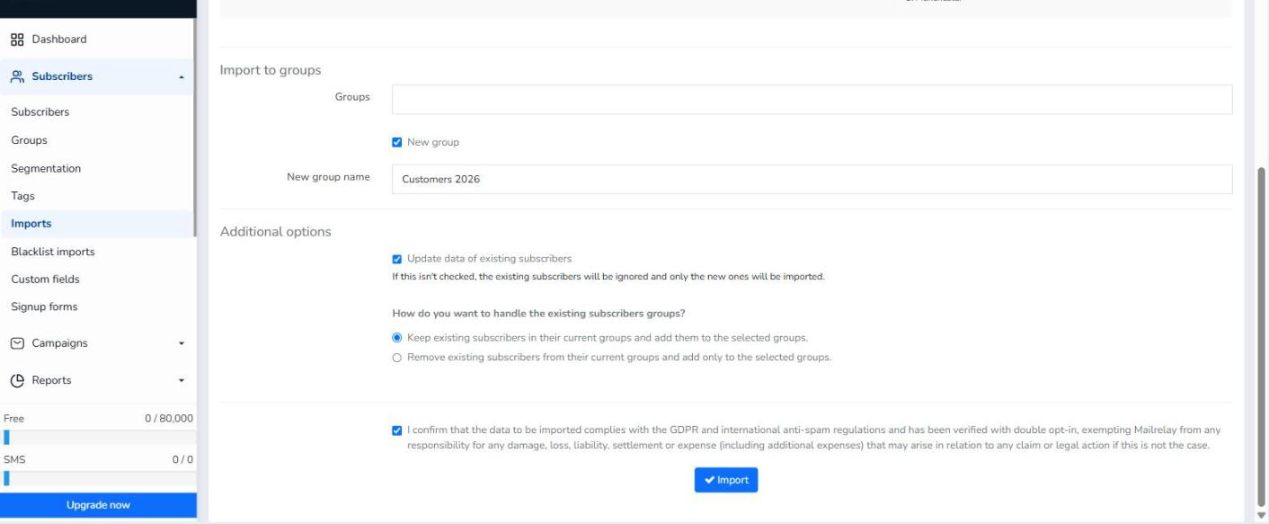 GDPR confirmation box ticked and “Import” button.