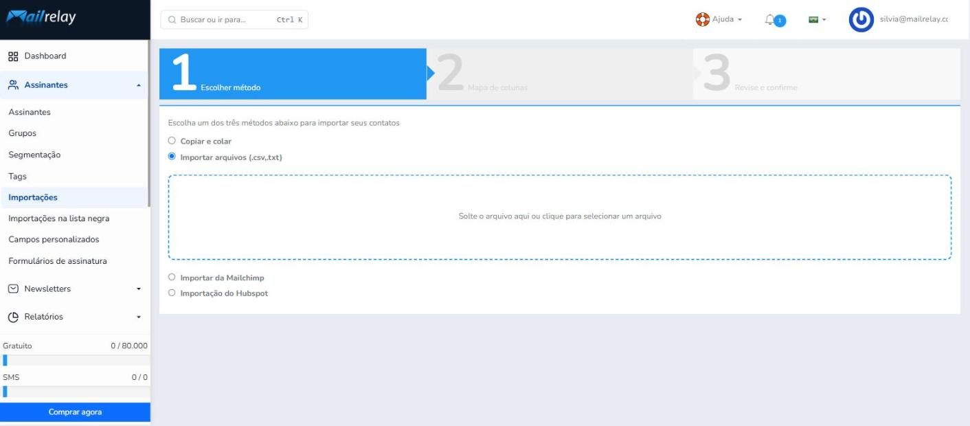 Área para arrastar ou selecionar o arquivo .csv ou .txt.