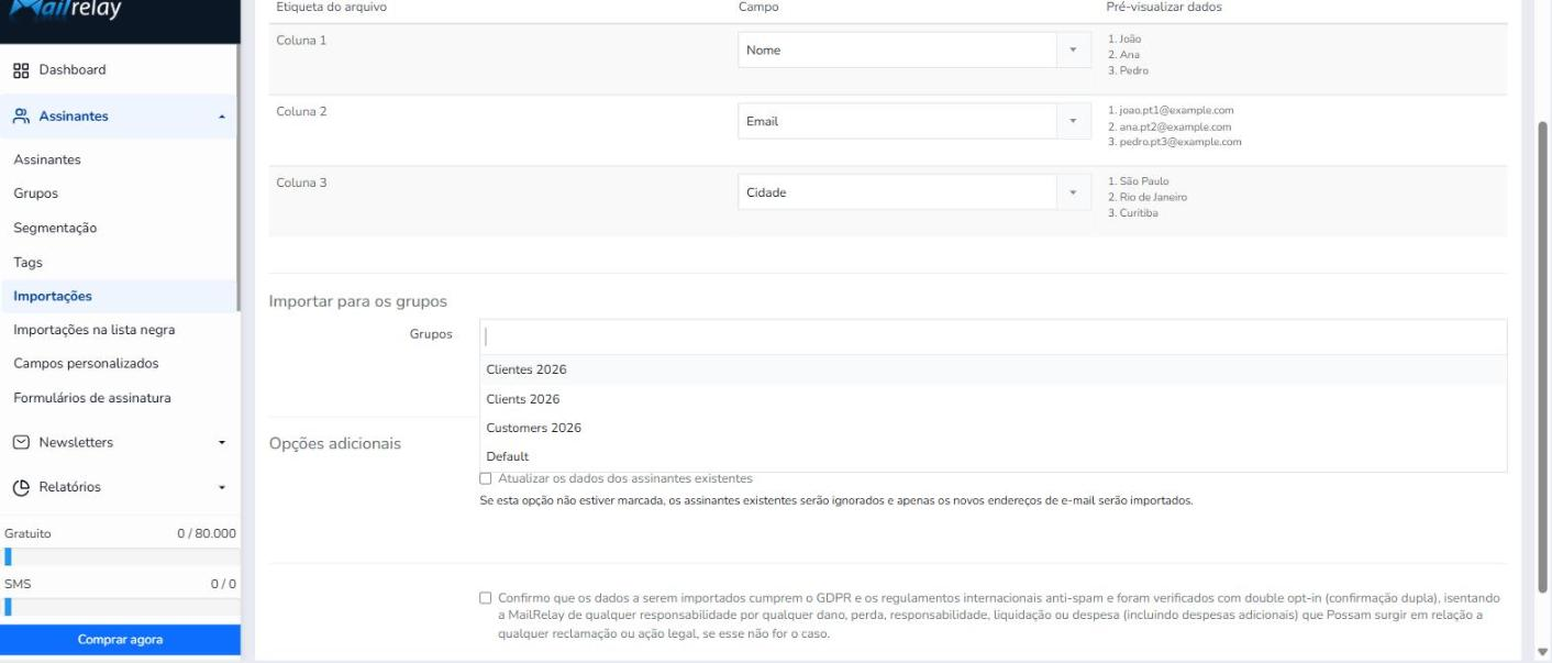 Menu “Grupos” com os grupos existentes na conta.