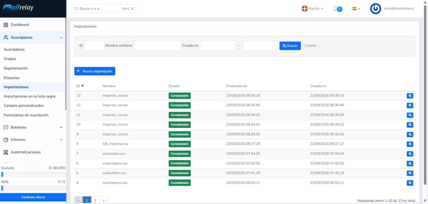 Suscriptores > Importaciones: buscador, botón «Nueva importación» e histórico de importaciones.