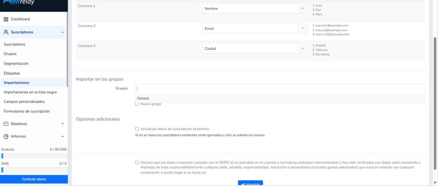 Desplegable «Grupos» con los grupos existentes en la cuenta.