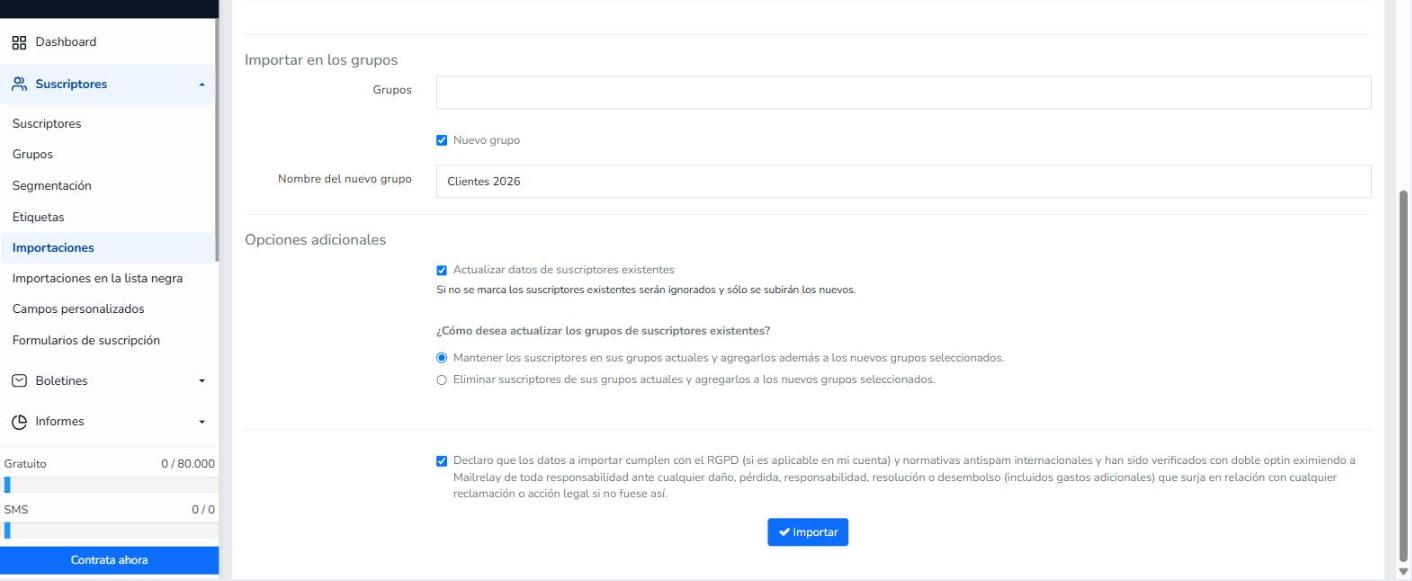 Casilla de declaración RGPD marcada y botón «Importar».