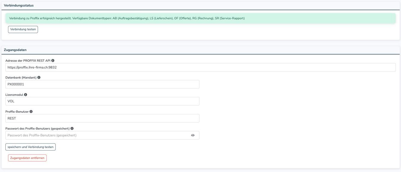 Karten Verbindungsstatus und Zugangsdaten der Proffix-Schnittstelle