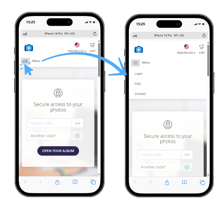 Mobile view of the shop homepage (Login page) before login, with the main menu for FAQ and Contact