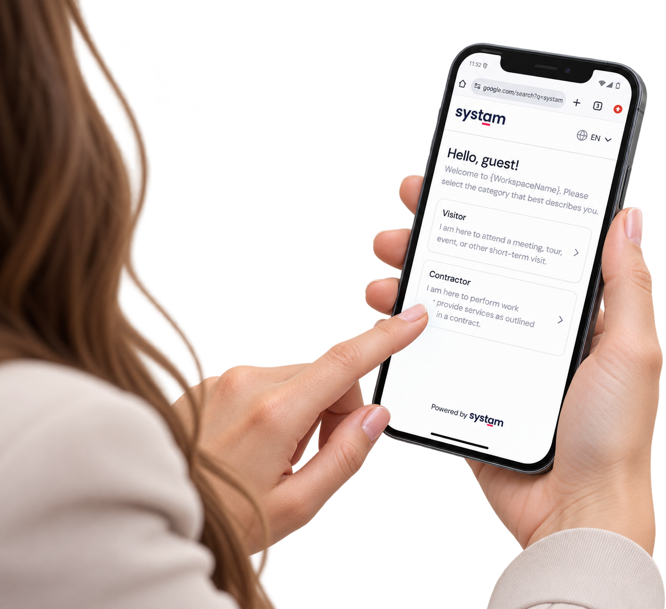 Vieras valitsee vierailun tyypin puhelimellaan QR-koodin skannauksen jälkeen