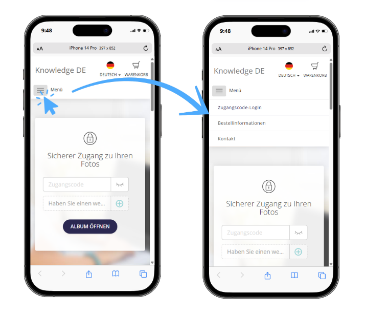 Mobile Ansicht der Login-Seite vor dem Login mit Hauptmenü für Bestellinformationen und Kontakt