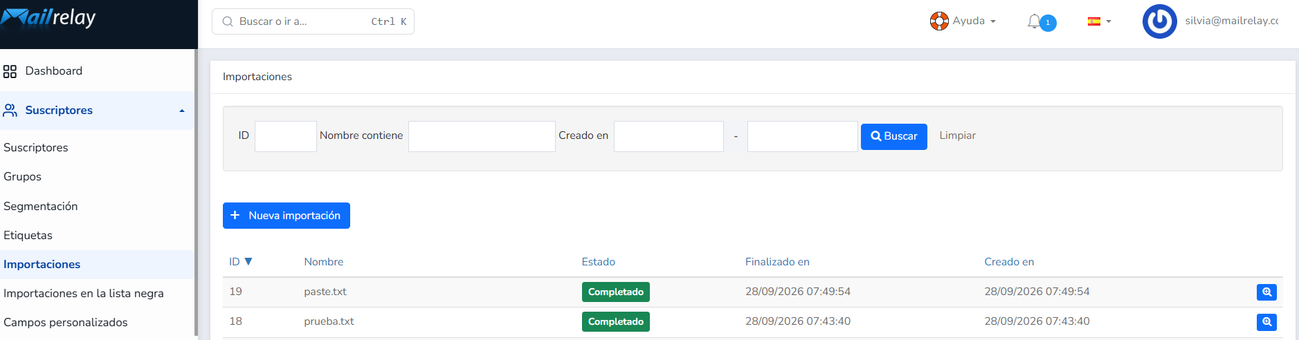 Mailrelay, resultados de la importación