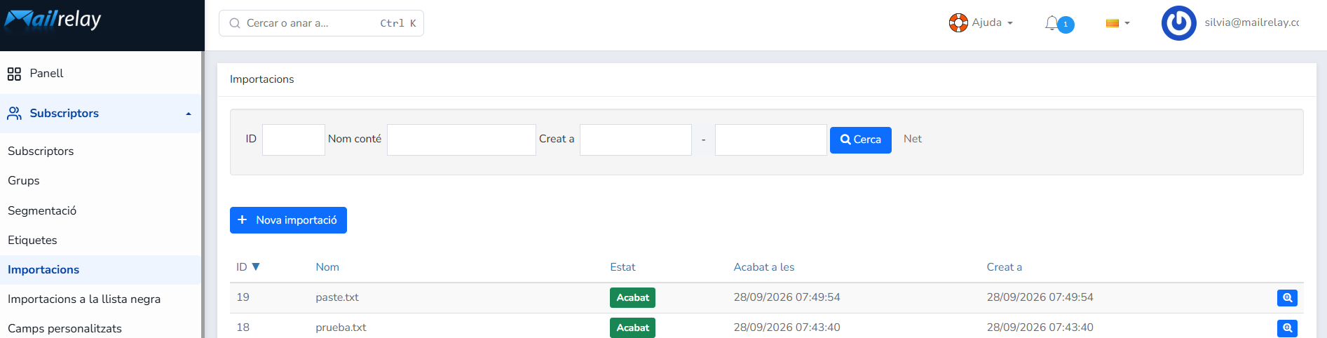Mailrelay, resultats de la importació