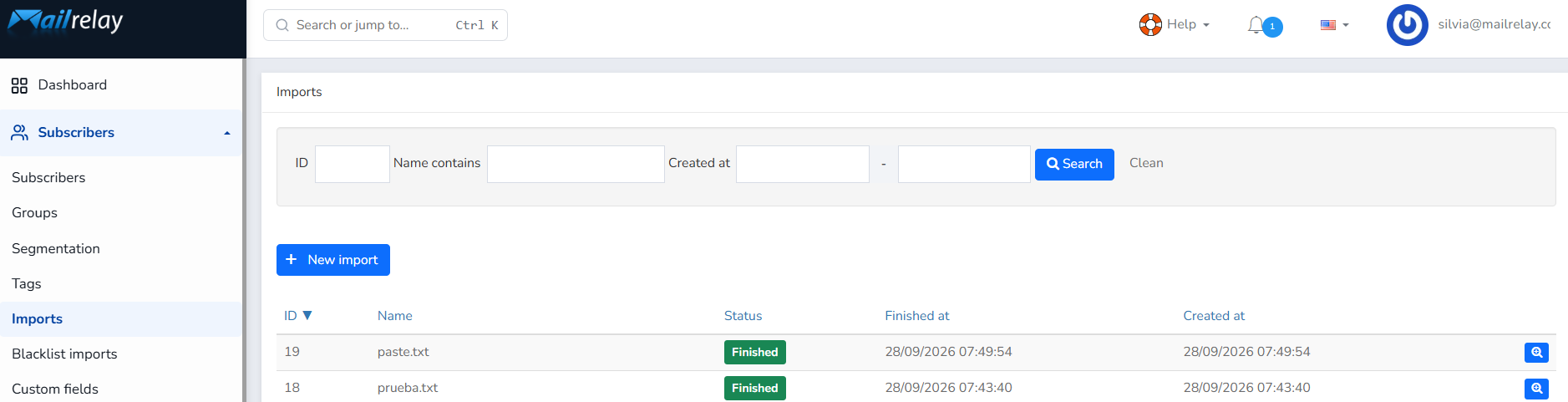 Mailrelay, import results