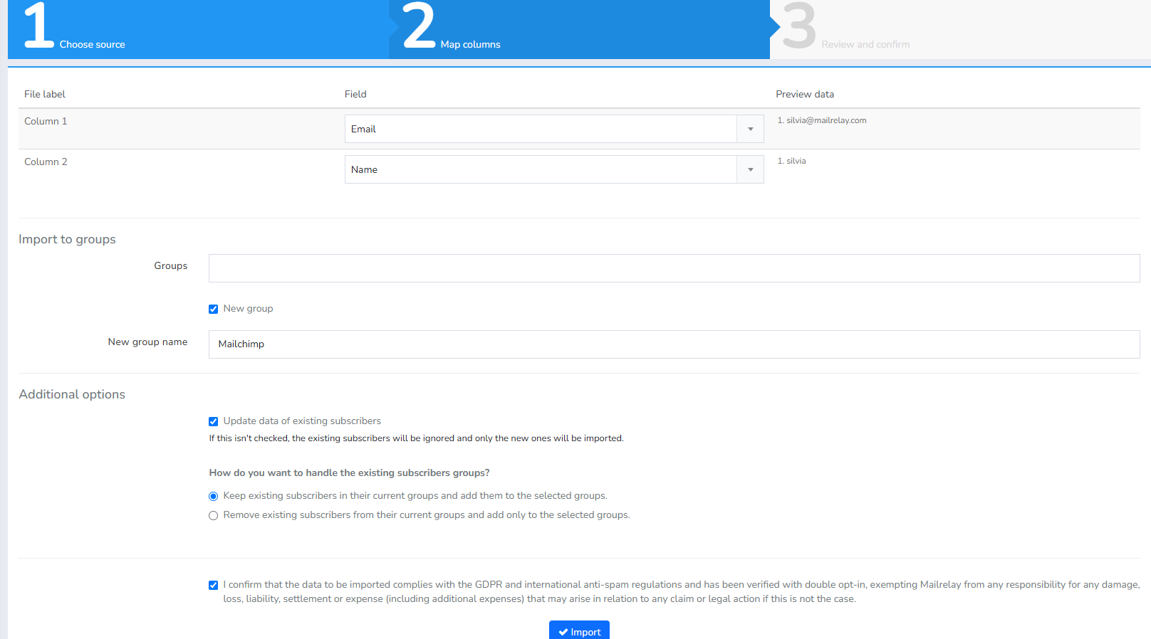 Import step match columns