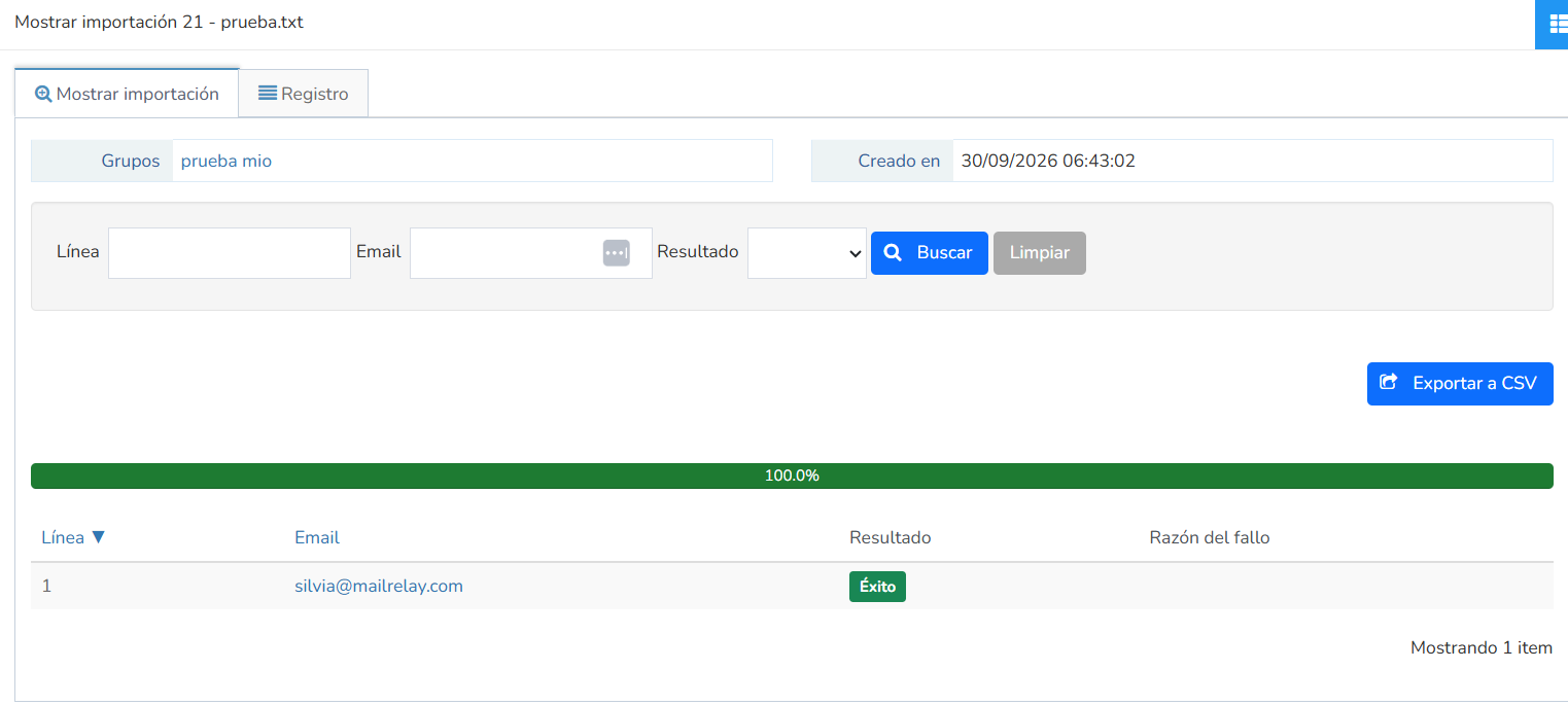 Mailrelay, resultados de la importación