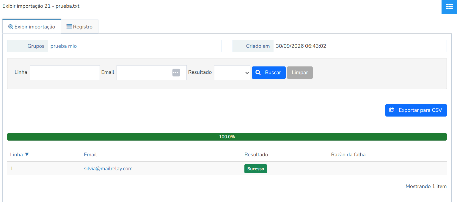Mailrelay, resultados da importação