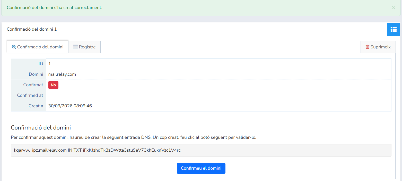 Mailrelay, instruccions per confirmar el domini