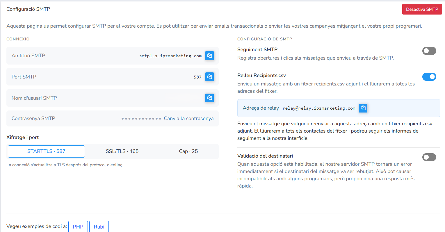 Panell de Configuració SMTP de Mailrelay amb l’opció Relleu Recipients.csv per enviar un email a diversos destinataris des d’un fitxer CSV