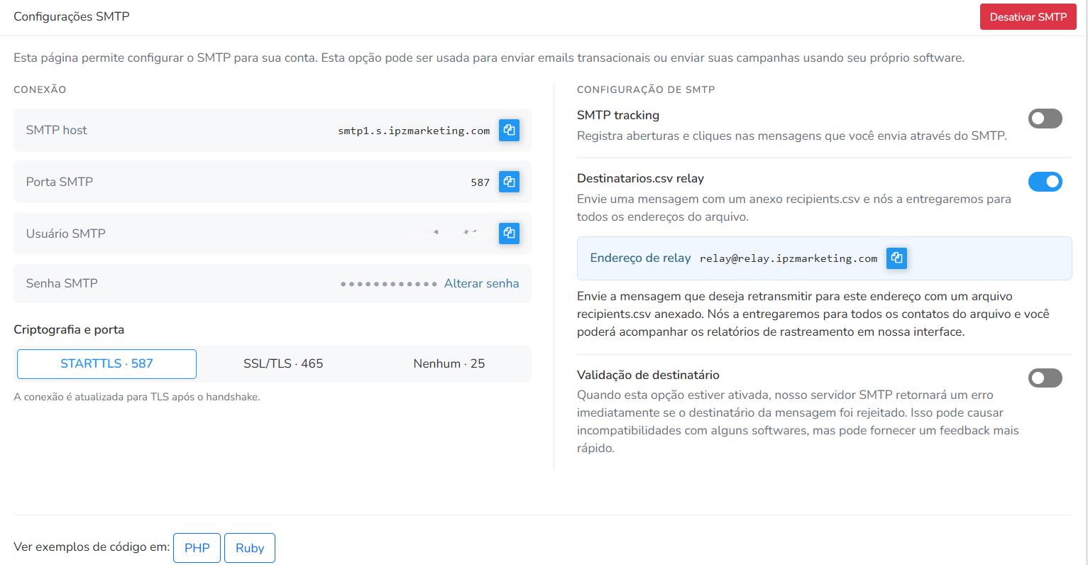 Painel de Configurações SMTP do Mailrelay com a opção Destinatarios.csv relay para enviar um email a vários destinatários a partir de um arquivo CSV