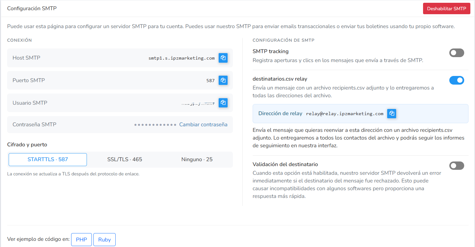 Panel de Configuración SMTP de Mailrelay con la opción destinatarios.csv relay para enviar un email a varios destinatarios desde un archivo CSV