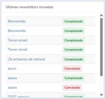 Lista das últimas newsletters enviadas no Dashboard do Mailrelay com status Completado ou Cancelado