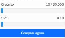 Uso da conta no menu lateral do Mailrelay com emails e SMS consumidos do plano e botão Comprar agora
