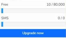Account usage in the Mailrelay sidebar showing emails and SMS used in the plan and Upgrade now button