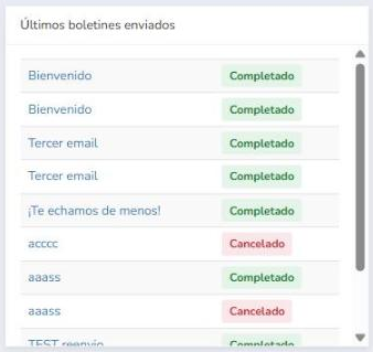 Listado de últimos boletines enviados en el Dashboard de Mailrelay con su estado Completado o Cancelado