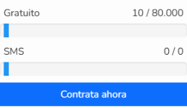 Uso de la cuenta en el menú lateral de Mailrelay con emails y SMS consumidos del plan y botón Contrata ahora