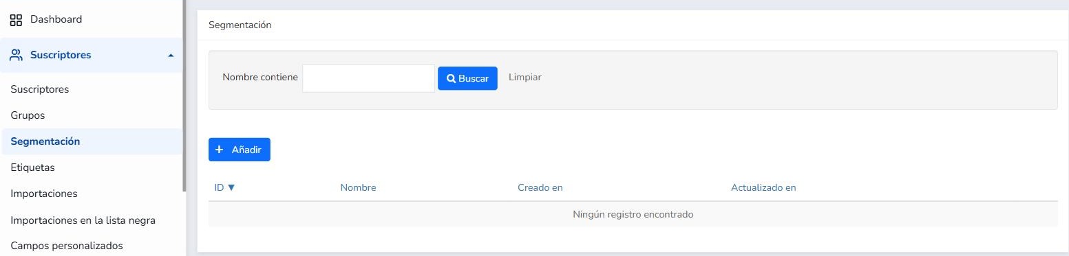 Pantalla Suscriptores > Segmentación de Mailrelay con el botón Añadir para crear un nuevo segmento