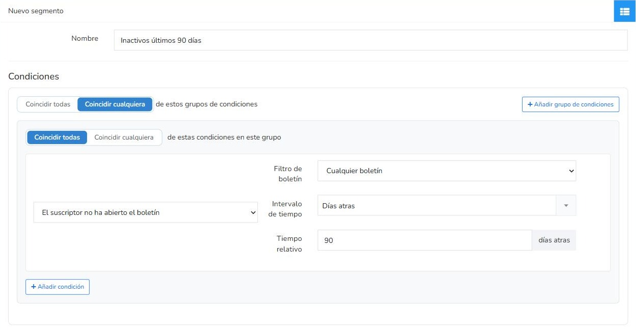 Segmento de Mailrelay de suscriptores inactivos: no ha abierto ningún boletín en los últimos 90 días