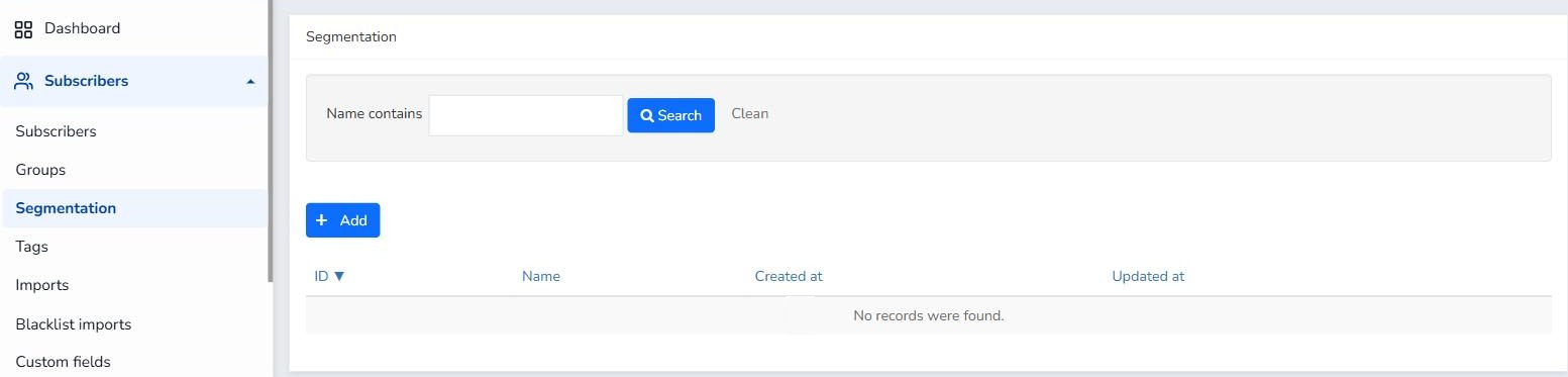 Mailrelay Subscribers > Segmentation screen with the Add button to create a new segment