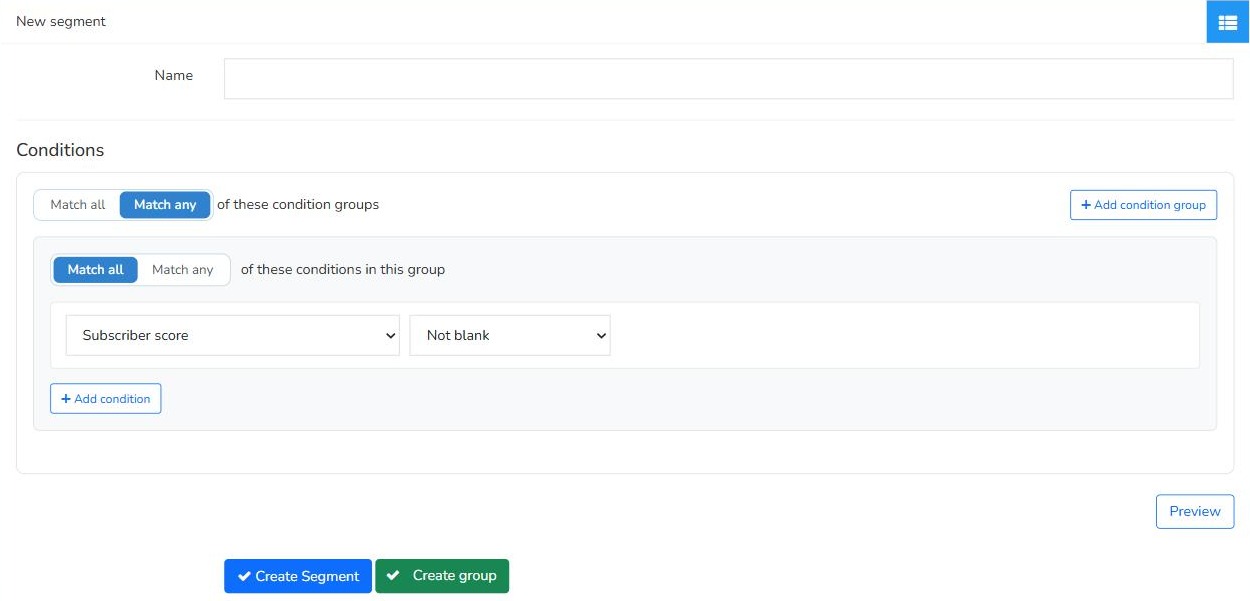 Mailrelay New segment form with name, conditions, Match all, Match any and Create Segment and Create group buttons