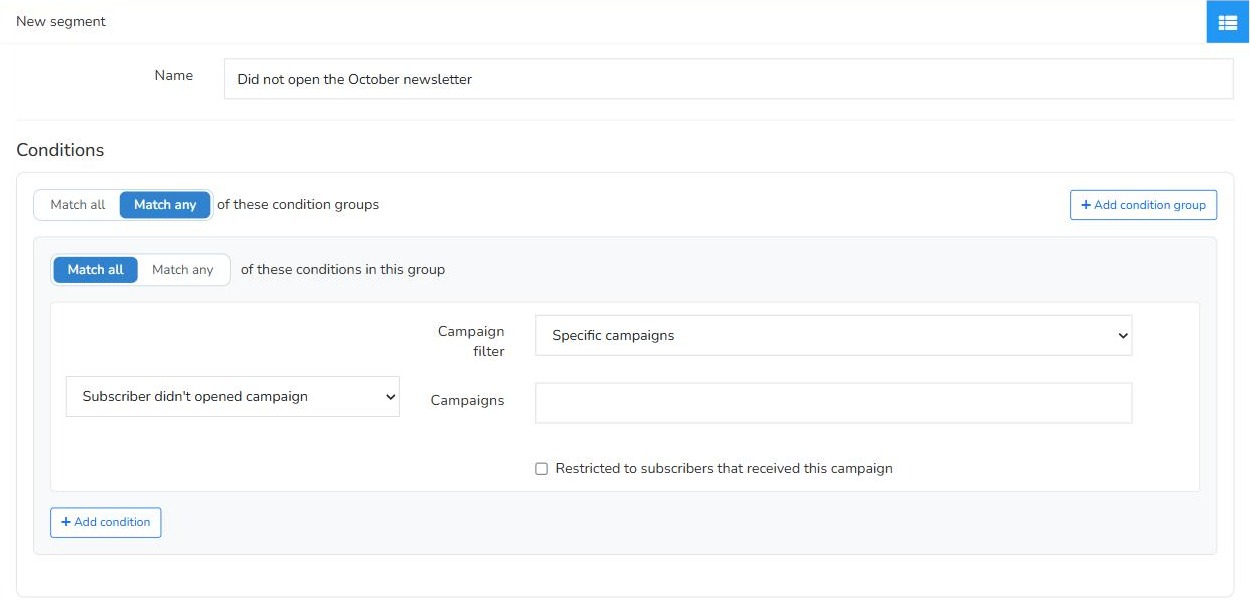 Mailrelay segment with the condition Subscriber didn't open campaign and the Specific campaigns filter