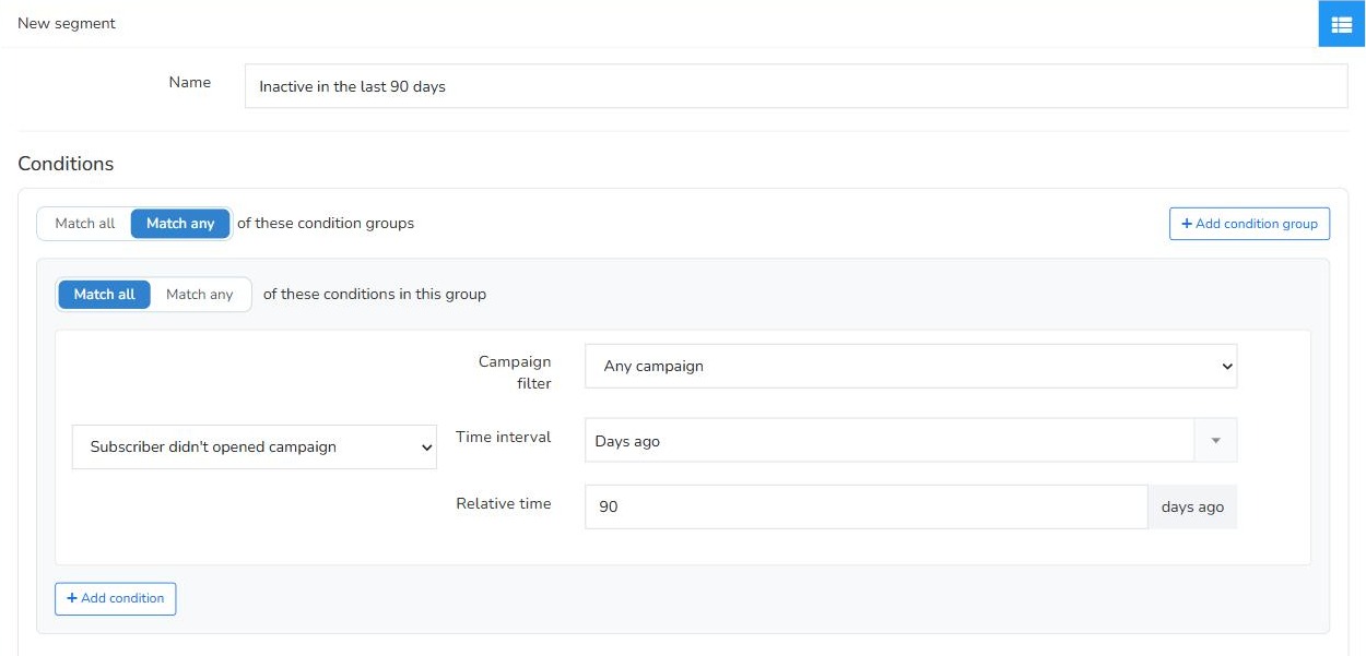 Mailrelay inactive subscribers segment: didn't open any campaign in the last 90 days