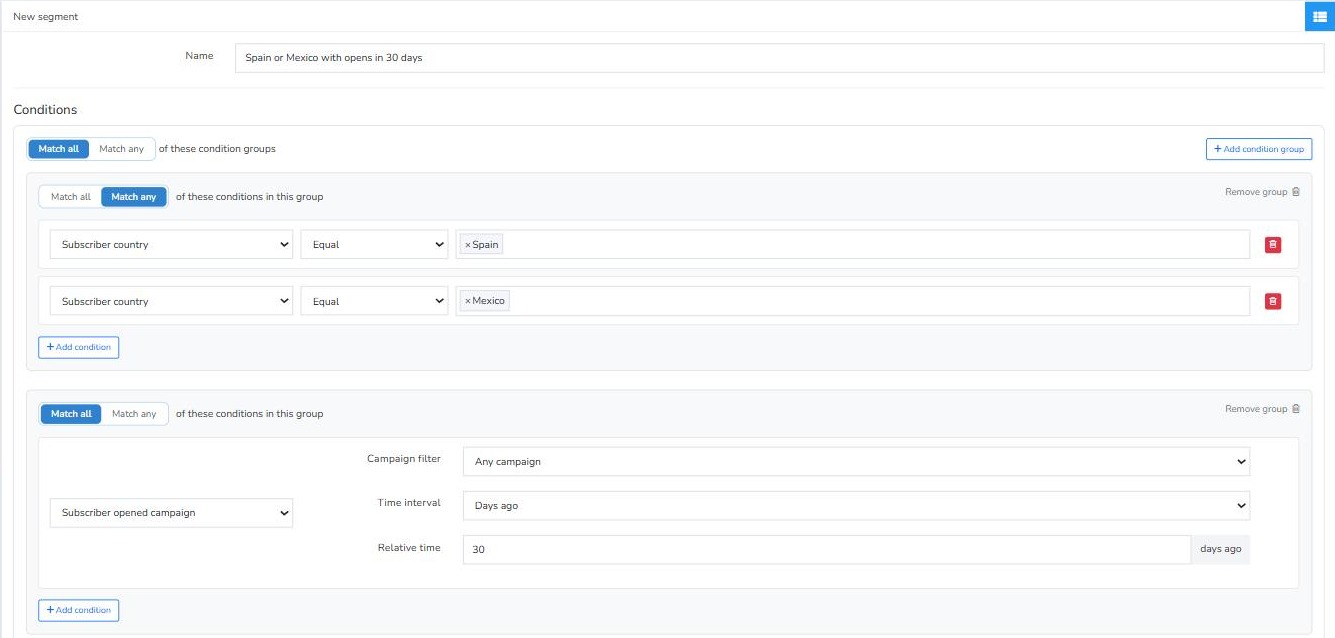 Mailrelay segment with two condition groups: country Spain or Mexico and campaign opened in the last 30 days