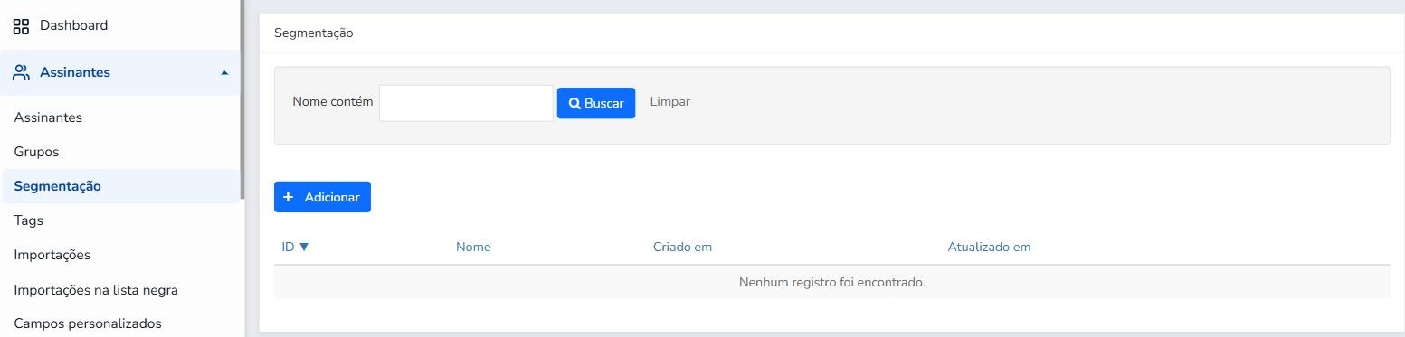 Tela Assinantes > Segmentação do Mailrelay com o botão Adicionar para criar um novo segmento