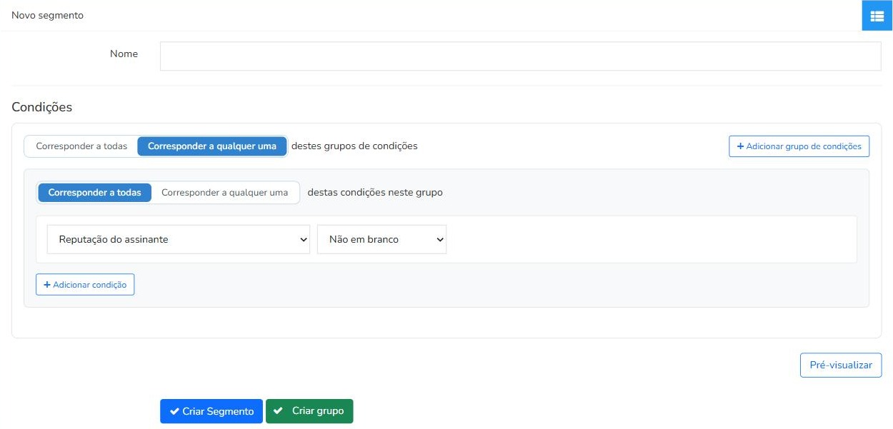 Formulário Novo segmento do Mailrelay com nome, condições, Corresponder a todas, Corresponder a qualquer uma e botões Criar Segmento e Criar grupo