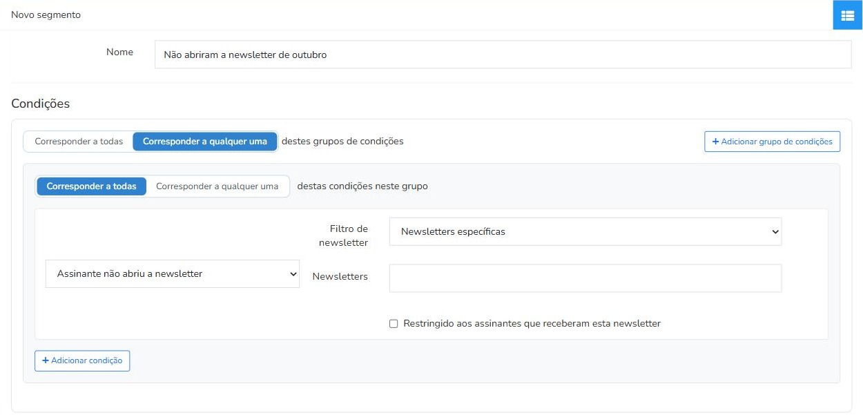 Segmento do Mailrelay com a condição Assinante não abriu a newsletter e o filtro Newsletters específicas